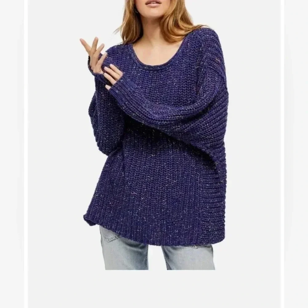 Free People Neon Lights Knit Sweater in Midnight Aura Combo Oversized Medium